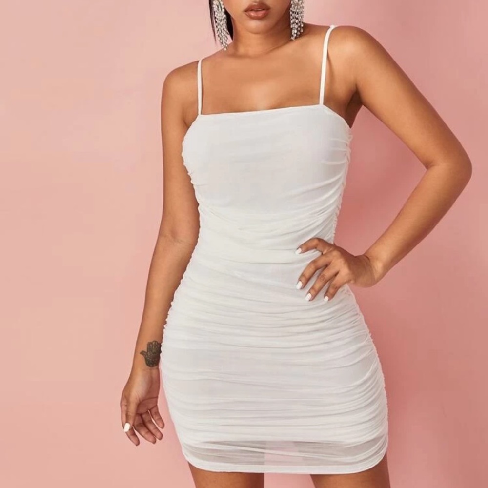 White Mesh Bodycon Ruched Dress
